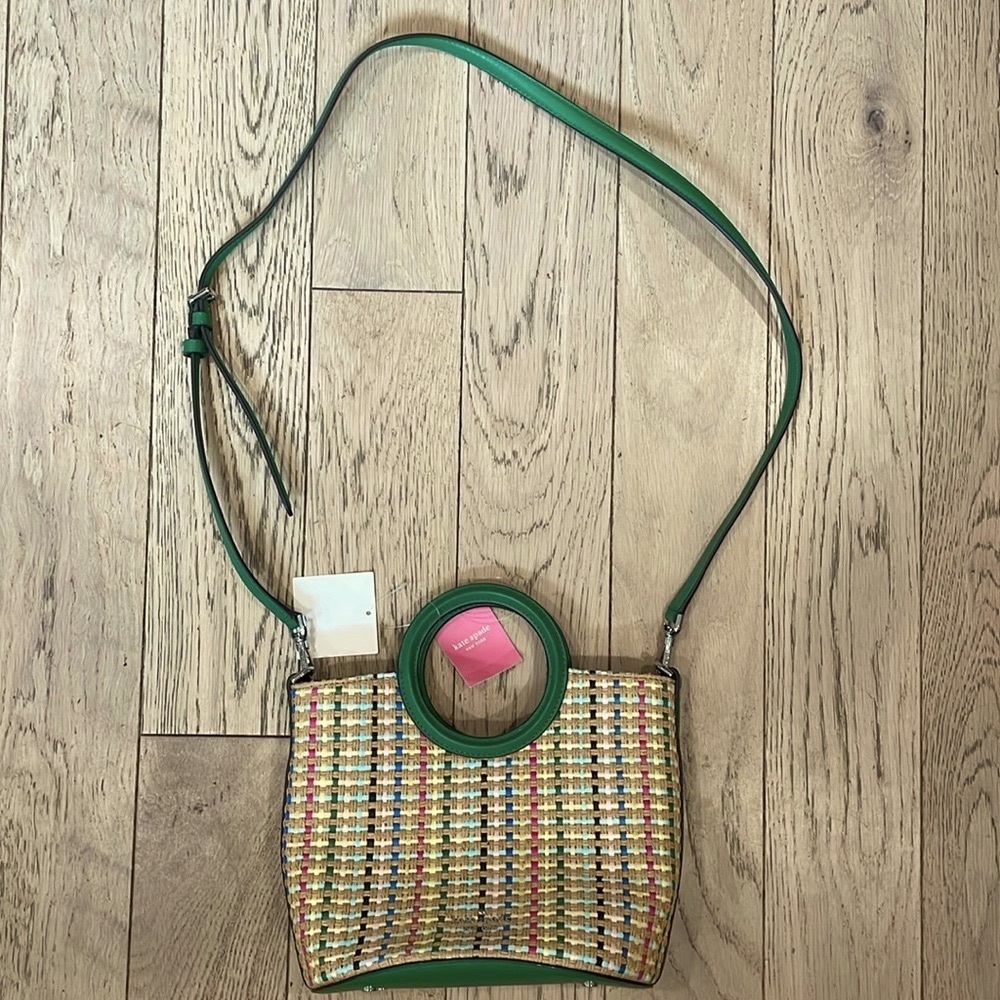 Kate Spade Jena Straw Small Tote Crossbody Drawstring Bucket Bag Green WKRU6495